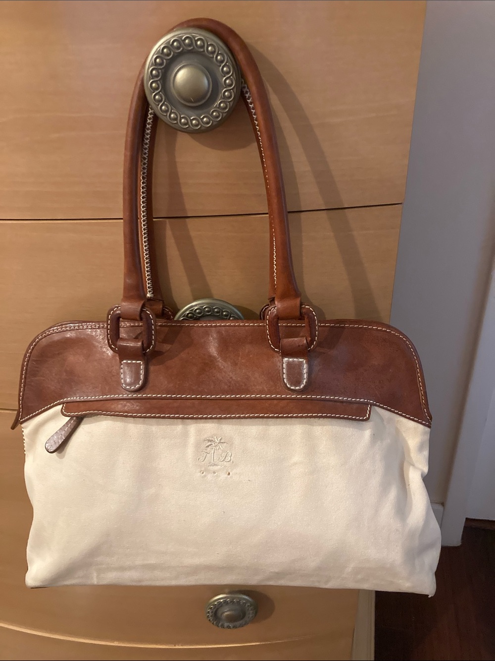 Tommy Bahama Leather-Trim Canvas Tote Bag - Cream & Brown